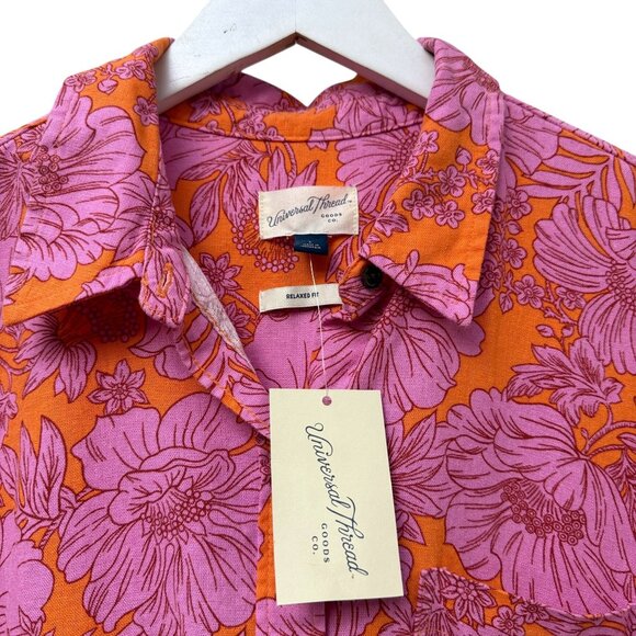Universal Thread Womens Top Large Pink Orange Floral Linen Blend Button Up Shirt - Picture 8 of 11
